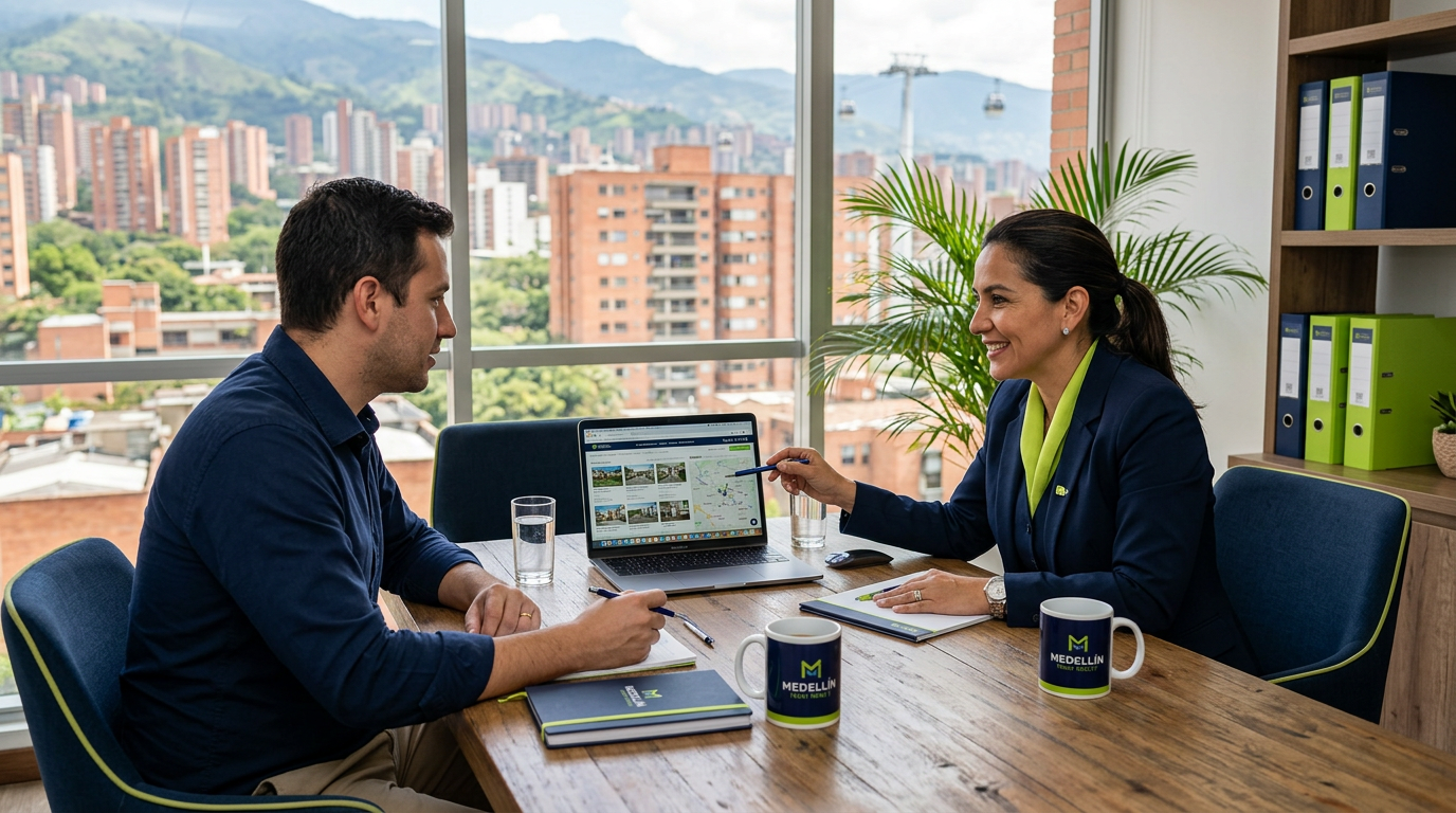 Asesoría inmobiliaria profesional: reunión con cliente en contexto Medellín.