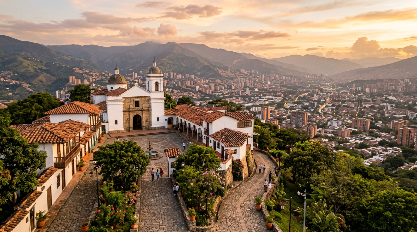 Vista panorámica del valle desde mirador; Medellín y montañas al atardecer.